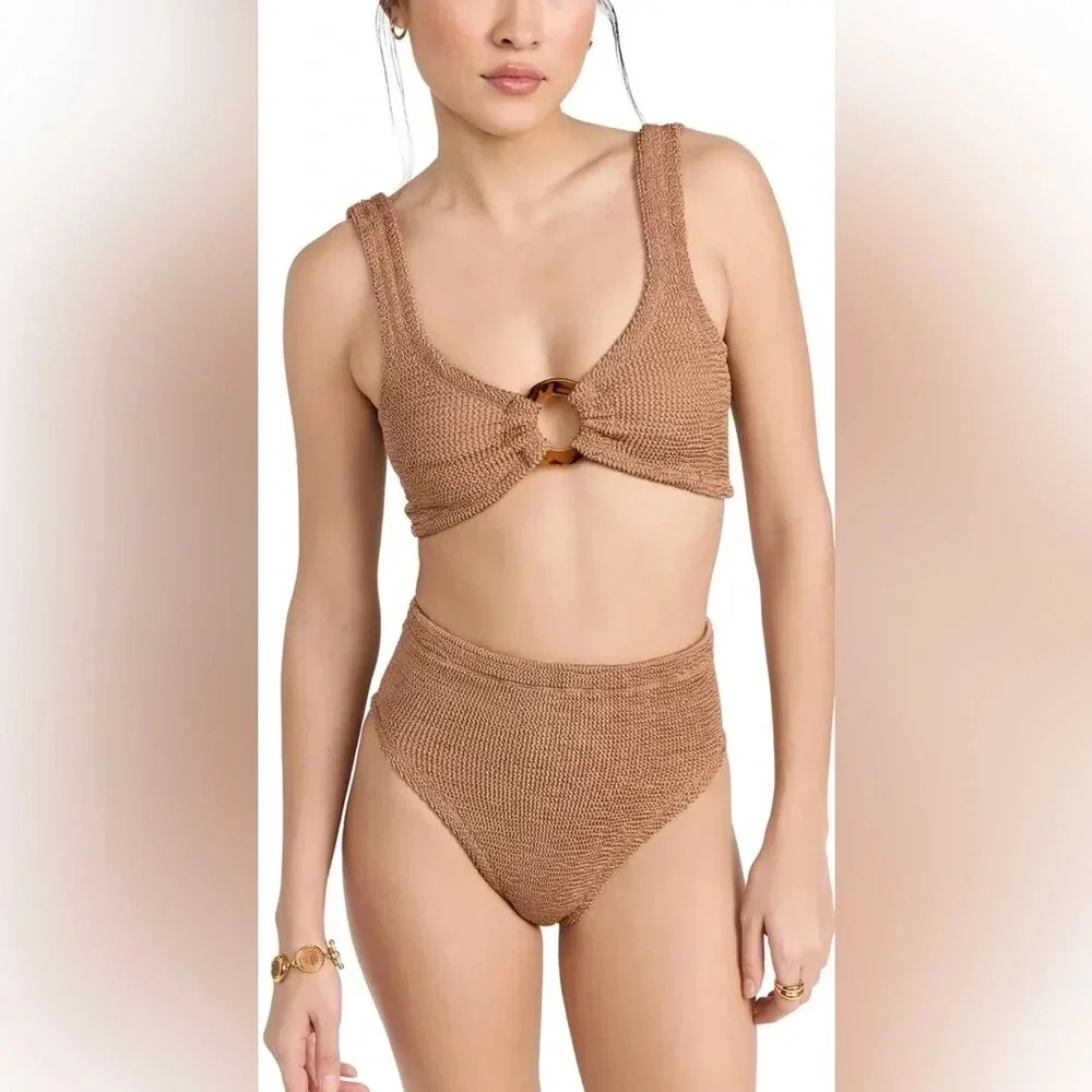 Hunza G Tan Knit High-Waist Bikini Set with Center Ring